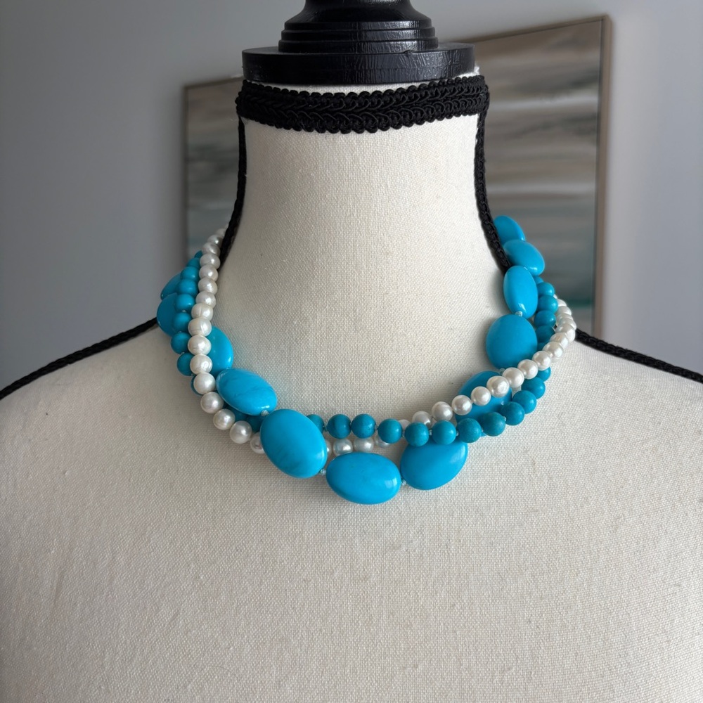 Genuine Turquoise Bead & fresh water Pearl Multi-Strand Necklace